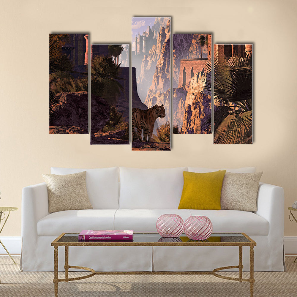 A landscape in India of a mountainous canyon with gothic castles Multi Panel Canvas Wall Art