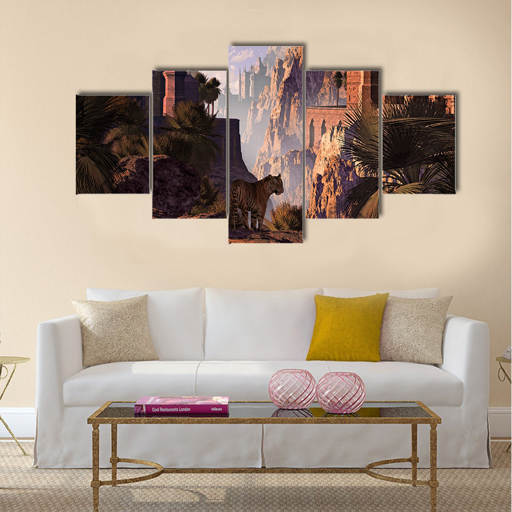 A landscape in India of a mountainous canyon with gothic castles Multi Panel Canvas Wall Art
