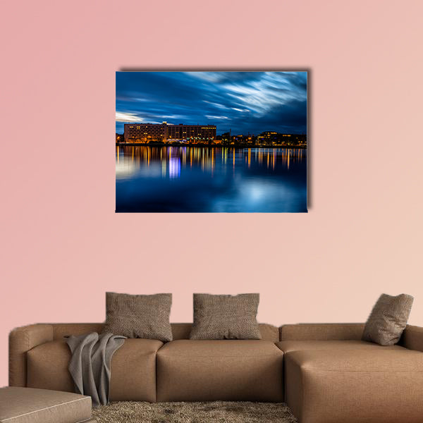 Riga skyline Night shot with scenic water reflections in Daugava River wall art