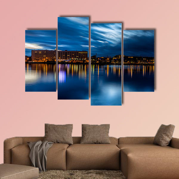 Riga skyline Night shot with scenic water reflections in Daugava River wall art