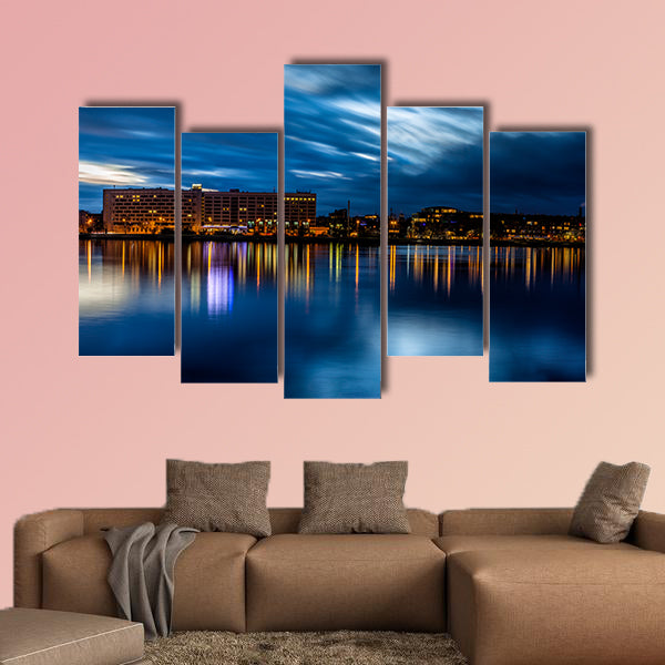 Riga skyline Night shot with scenic water reflections in Daugava River wall art