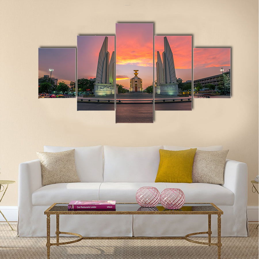 The Democracy Monument at sunset, A historical of constitution monument in Bangkok, Thailand Multi panel canvas wall art