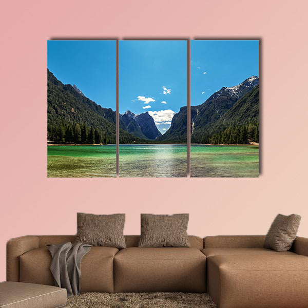 Mountain lake panorama landscape. Dolomites Italy Multi panel canvas wall art