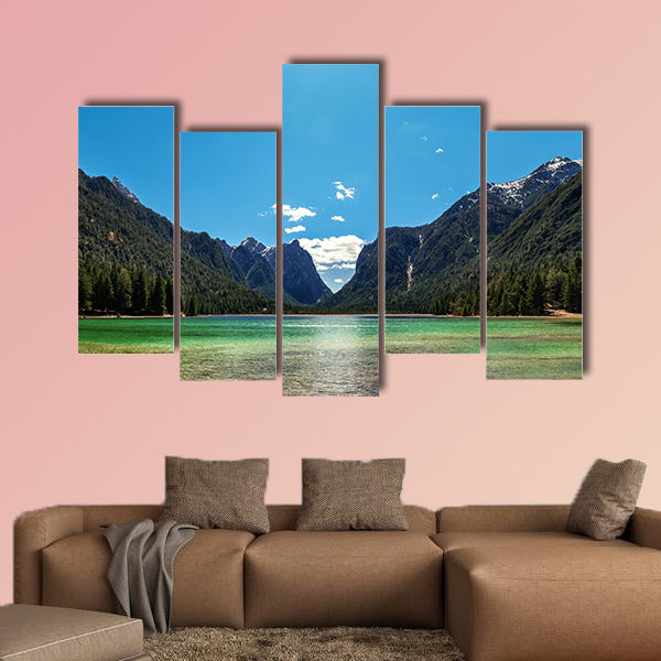 Mountain lake panorama landscape. Dolomites Italy Multi panel canvas wall art
