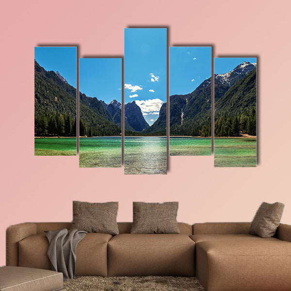 Mountain lake panorama landscape. Dolomites Italy Multi panel canvas wall art