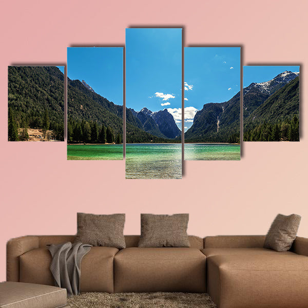 Mountain lake panorama landscape. Dolomites Italy Multi panel canvas wall art