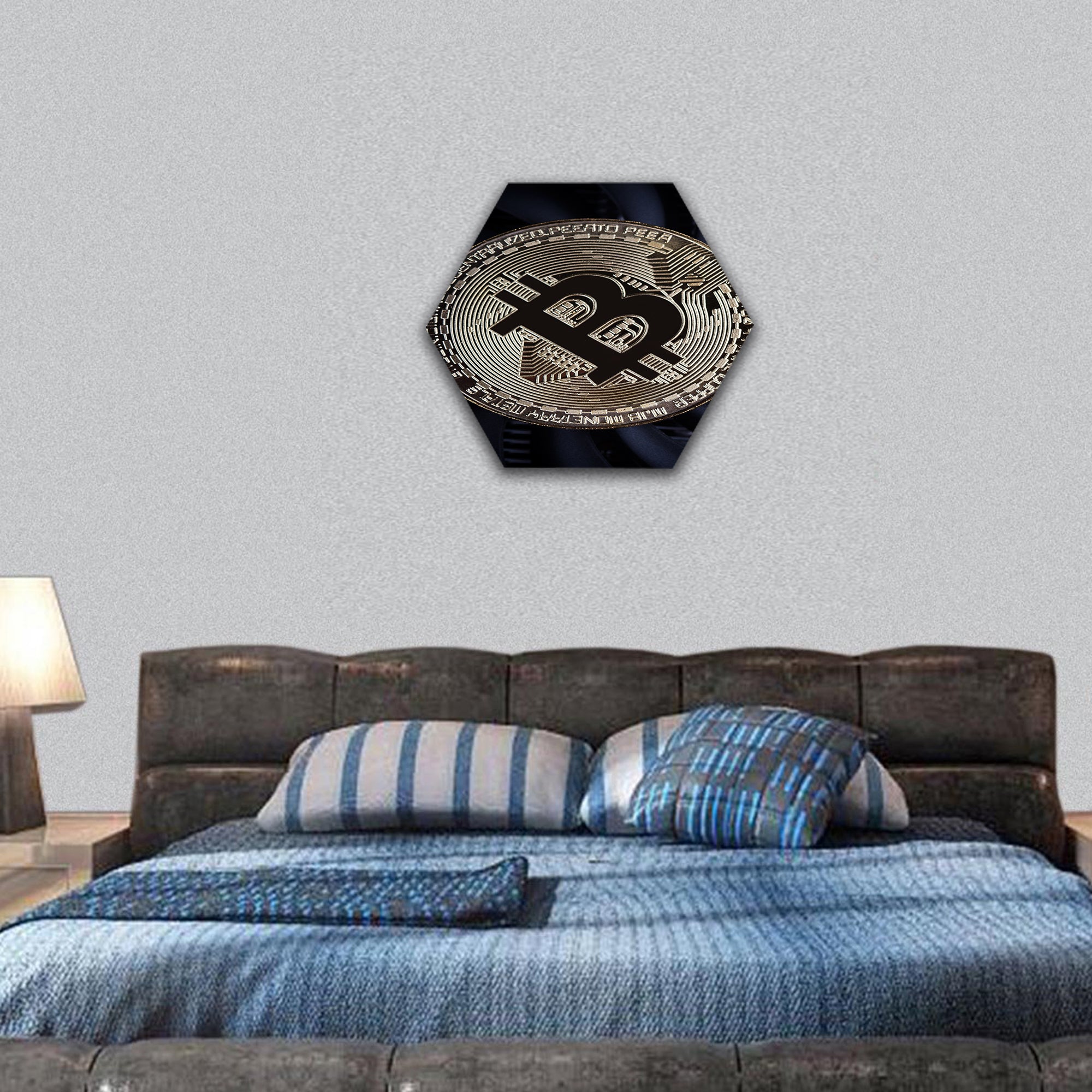 one golden bitcoin on top of a computer hexagonal canvas wall art