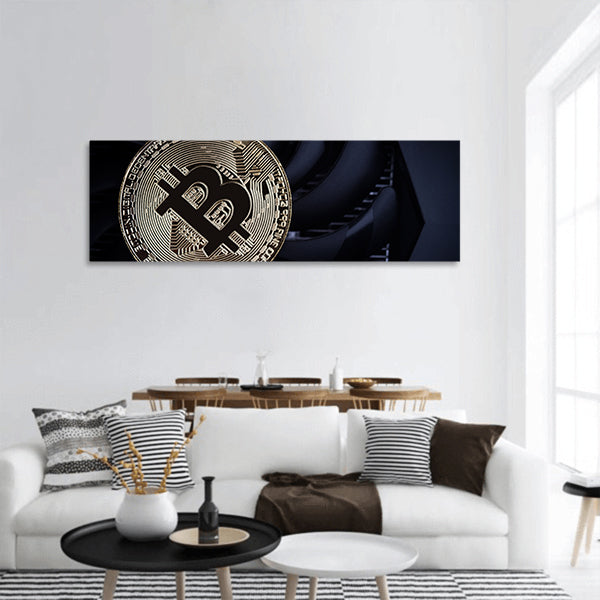 Cryptocurrency mining concept with one golden bitcoin panoramic canvas wall art