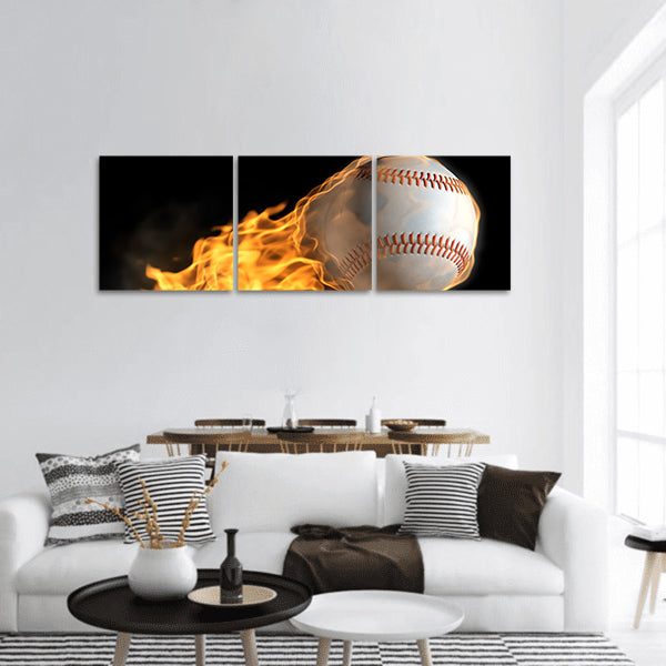 A base ball thats on fire flying through the air Panoramic Canvas Wall Art