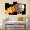 A base ball thats on fire flying through the air Multi panel canvas wall art