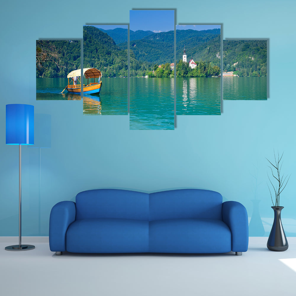 Colorful boat on Lake Bled, Slovenia multi panel canvas wall art