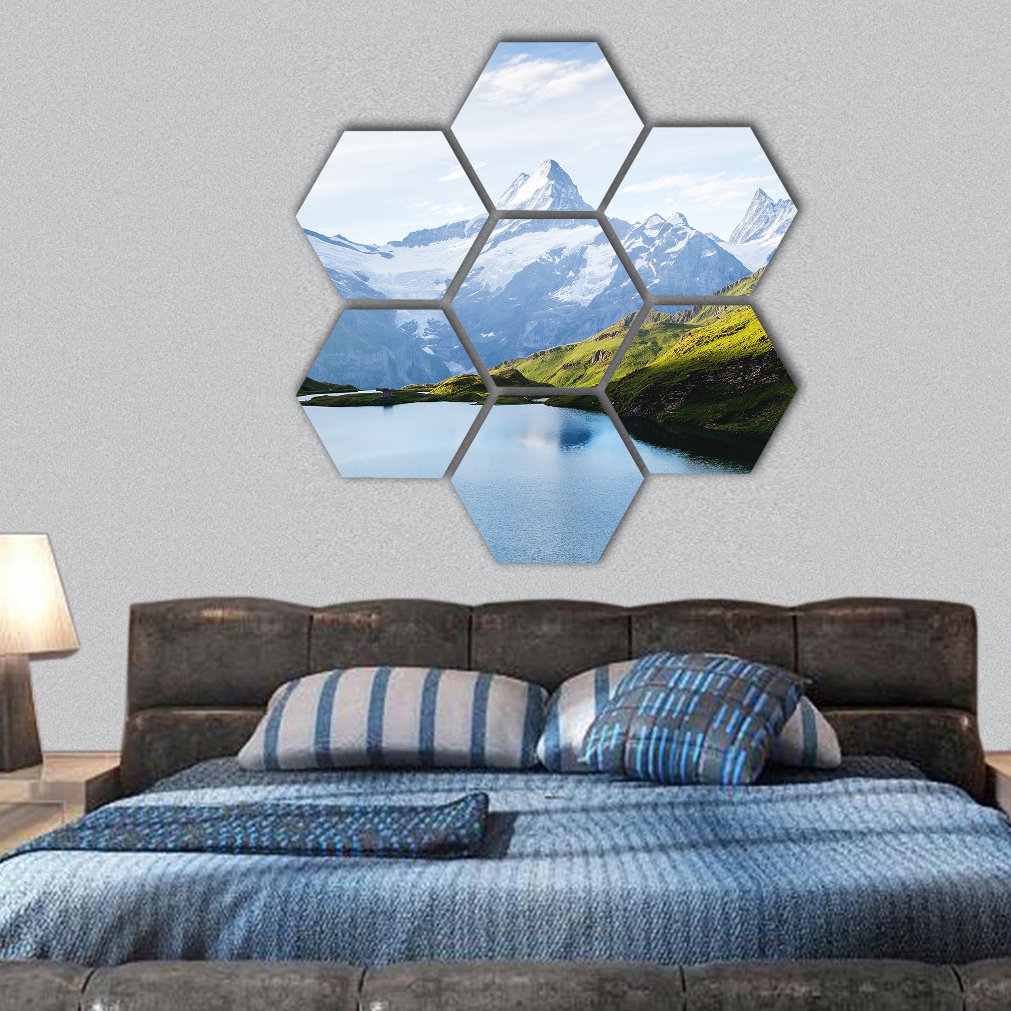 place Bachalpsee in Swiss alps, Grindelwald valley, hexagonal canvas wall art
