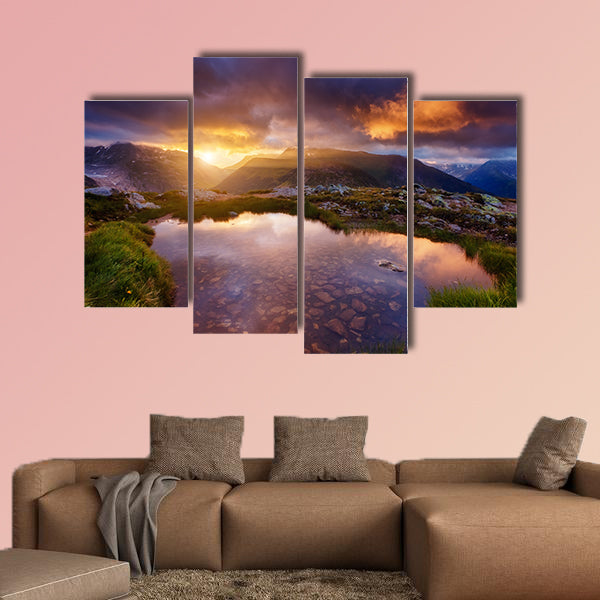 Magnificent views of mountain slopes in the sunbeams multi panel canvas wall art