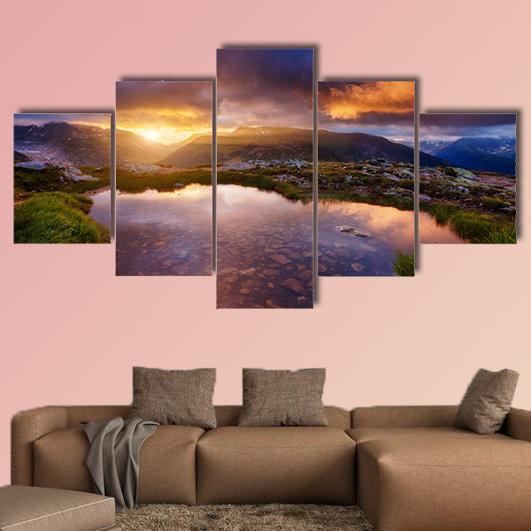 Magnificent views of mountain slopes in the sunbeams multi panel canvas wall art