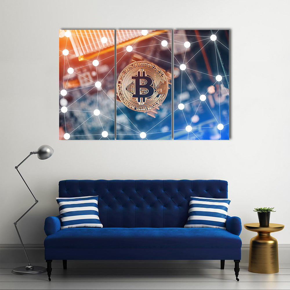 Gold Bitcoin electronic computer processor board hard fork multi panel canvas wall art