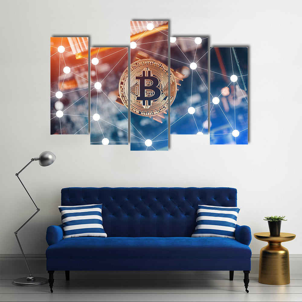 Gold Bitcoin electronic computer processor board hard fork multi panel canvas wall art