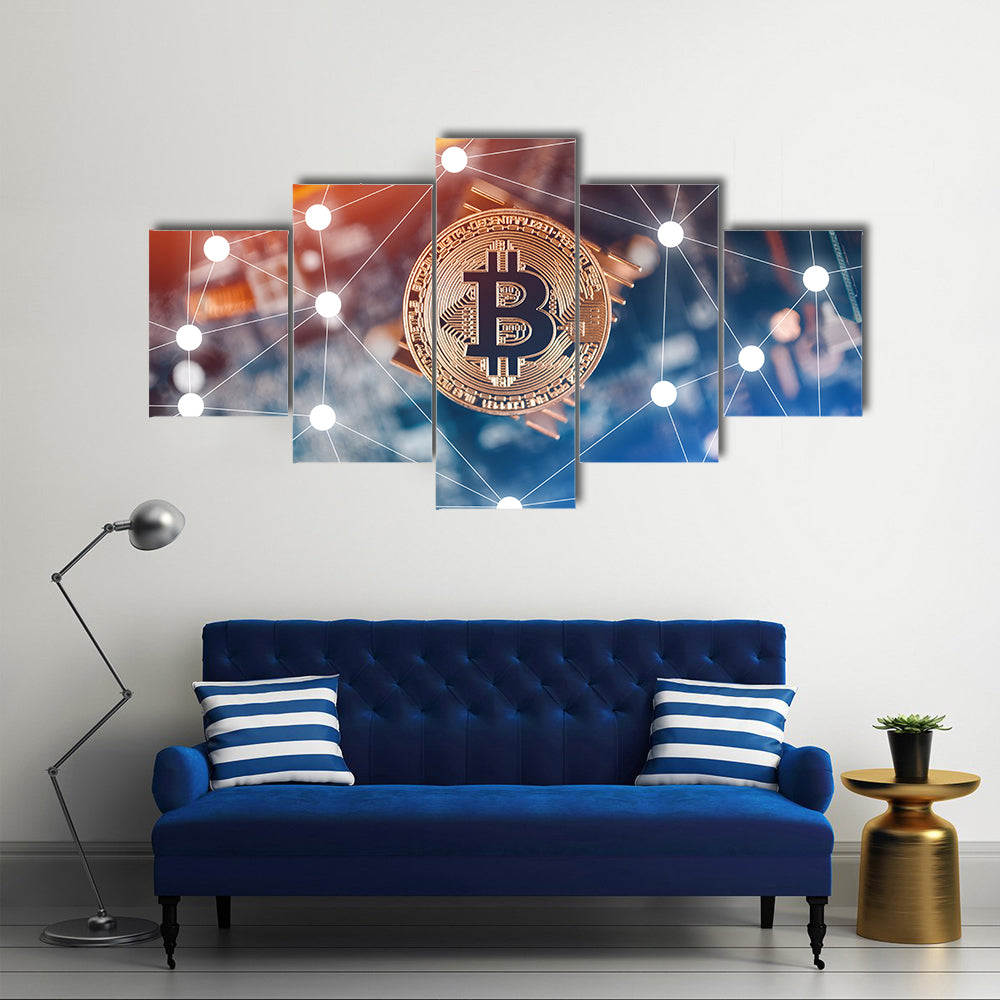 Gold Bitcoin electronic computer processor board hard fork multi panel canvas wall art