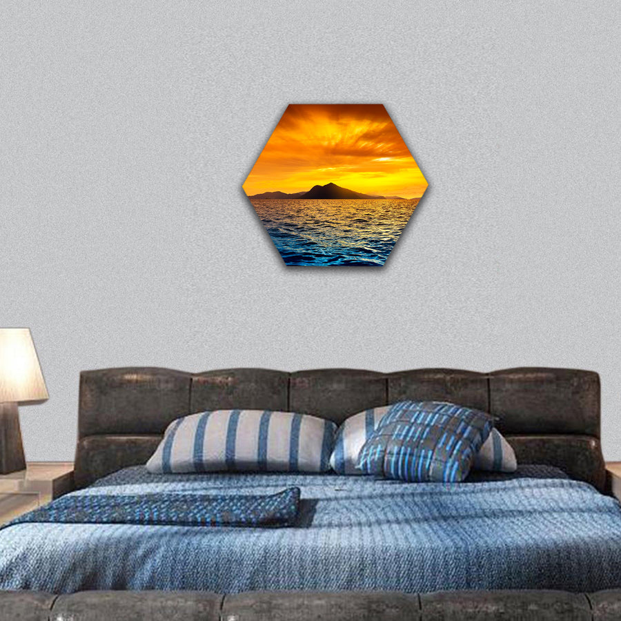 Scenic view of island during sunset hexagonal canvas wall art