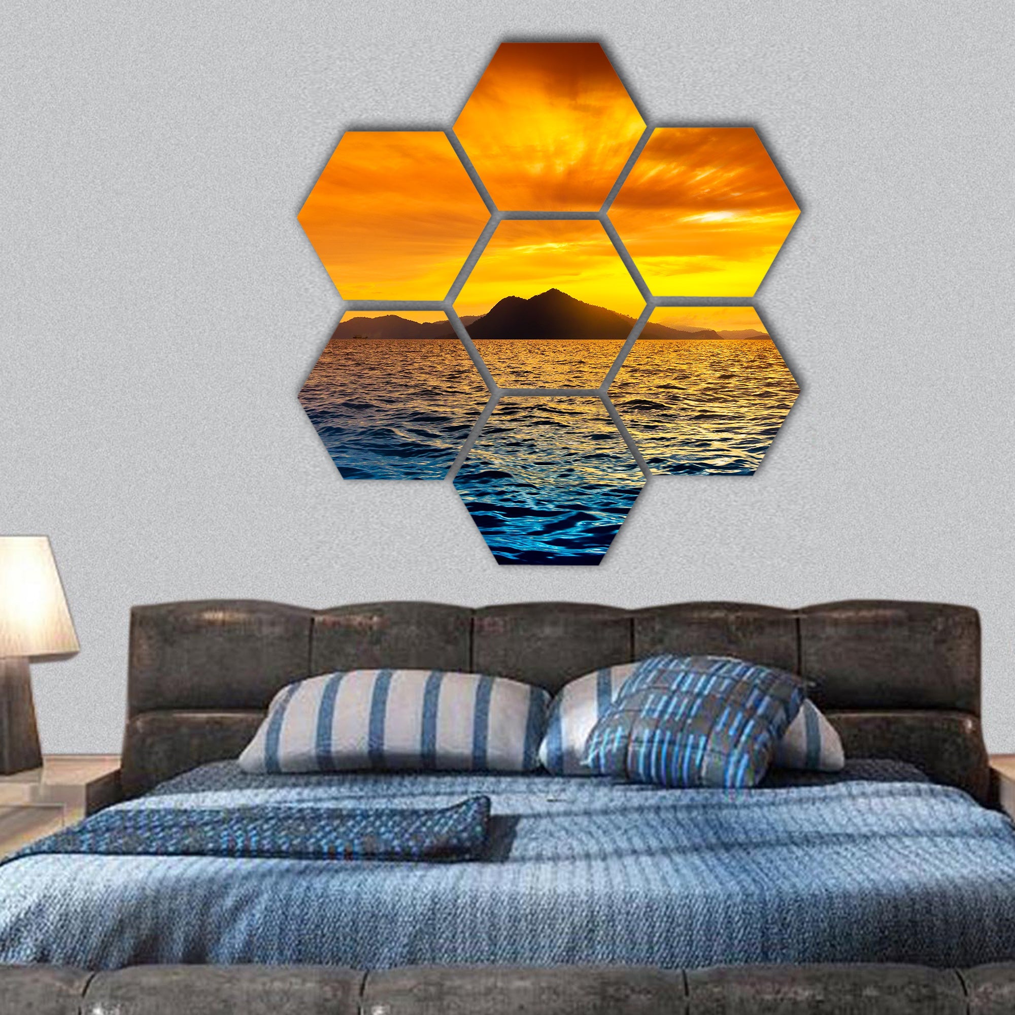 Scenic view of island during sunset hexagonal canvas wall art