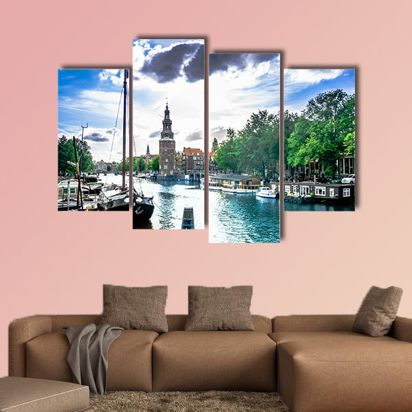 View on canal and traditional buildings in Amsterdam multi panel canvas wall art