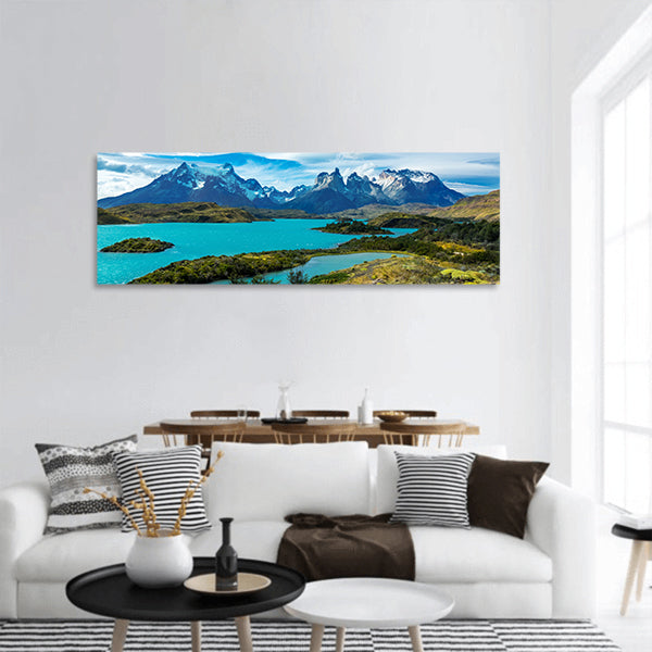 Pehoe lake and Guernos mountains , park Torres del Paine Panoramic canvas Wall Art