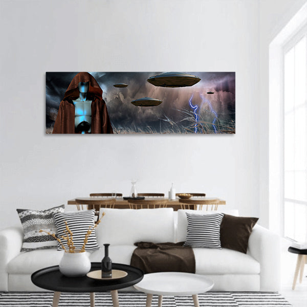 Alien robot stands in field of wheat. Spacecrafts in the sky panoramic canvas wall art
