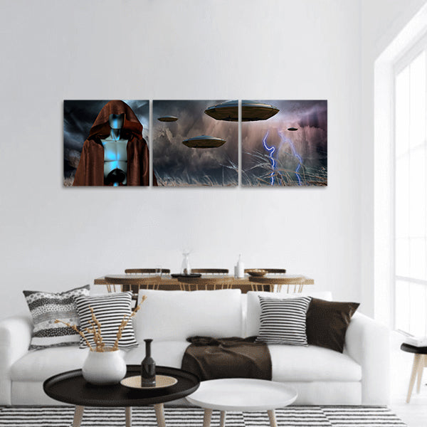 Alien robot stands in field of wheat. Spacecrafts in the sky panoramic canvas wall art