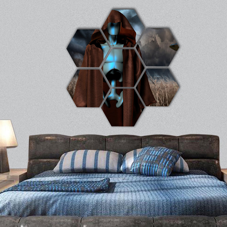 Alien robot stands in field of wheat hexagonal canvas wall art