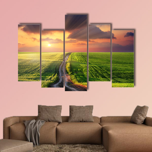 Beautiful landscape under morning sky with clouds multi panel canvas wall art