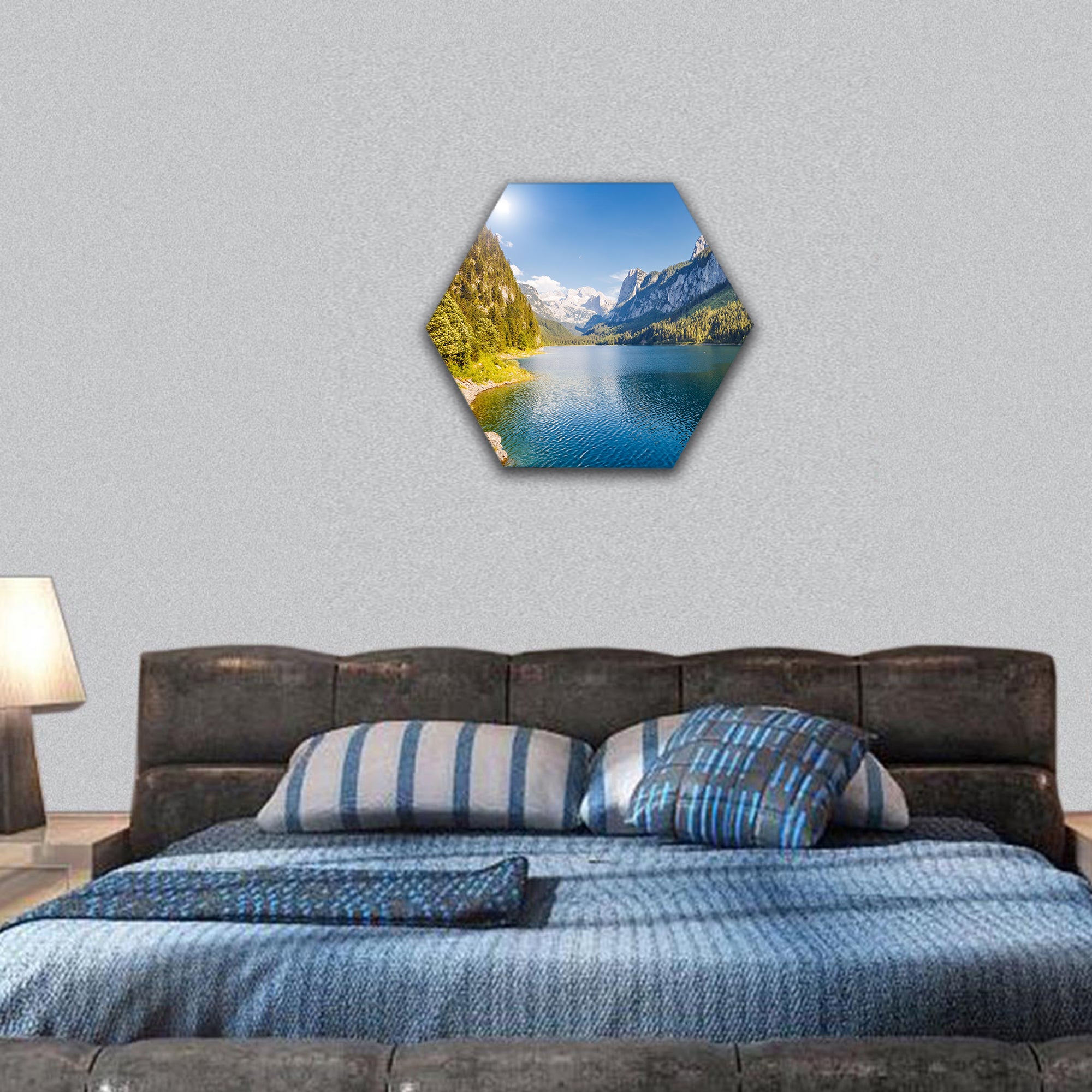 Great azure alpine lake in Austria hexagonal canvas wall art