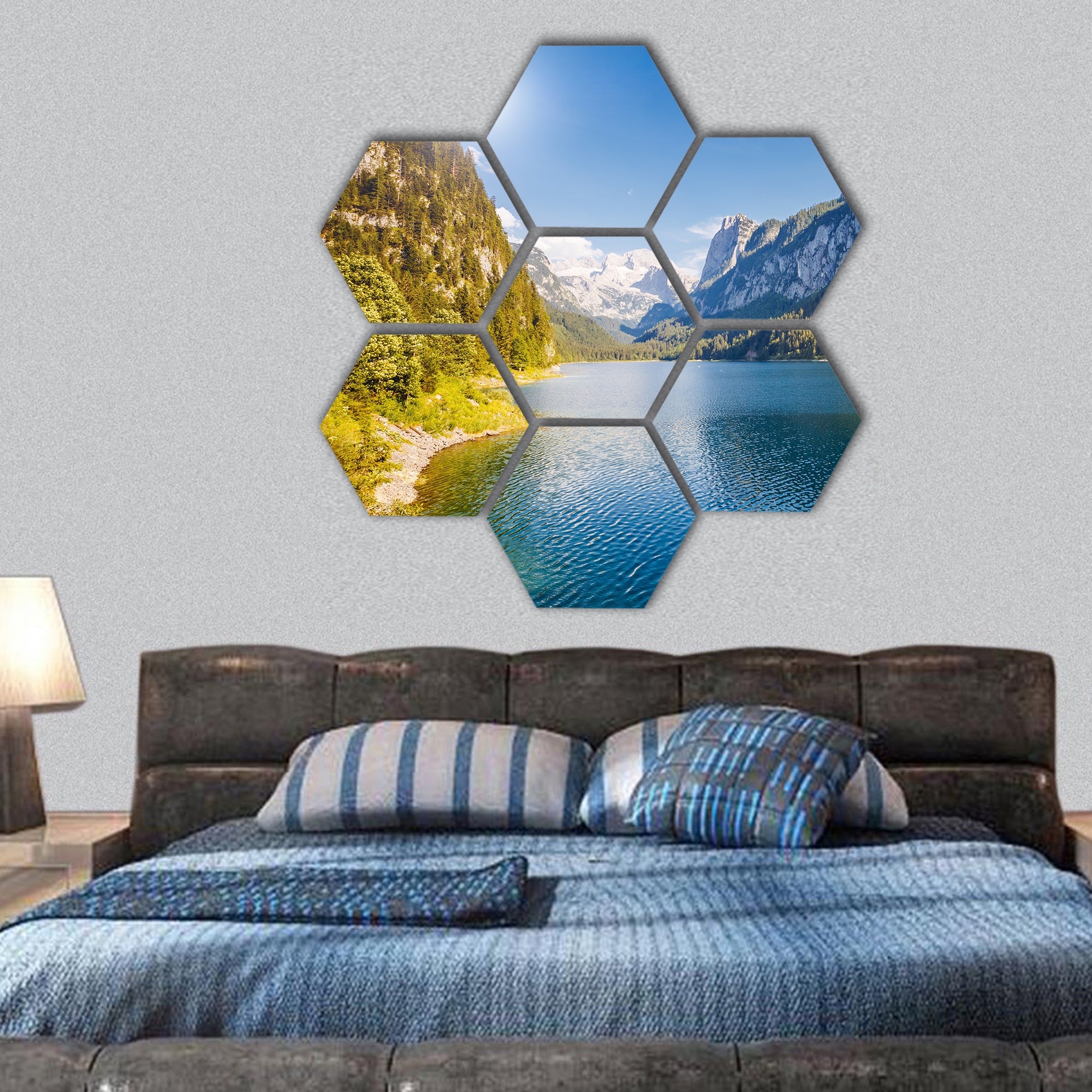 Great azure alpine lake in Austria hexagonal canvas wall art