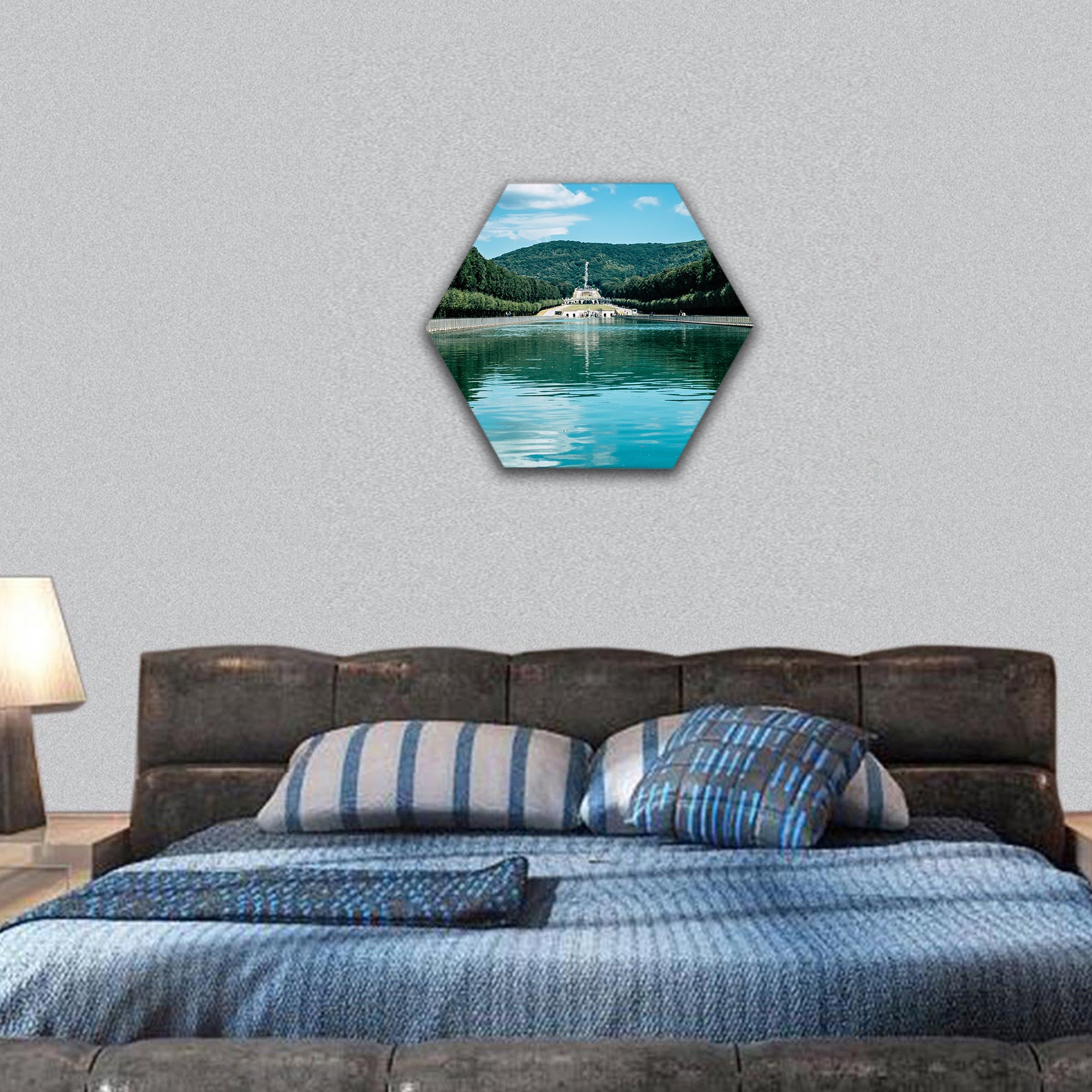 the fountains and promenade of Royal Palace of Caserta hexagonal canvas wall art