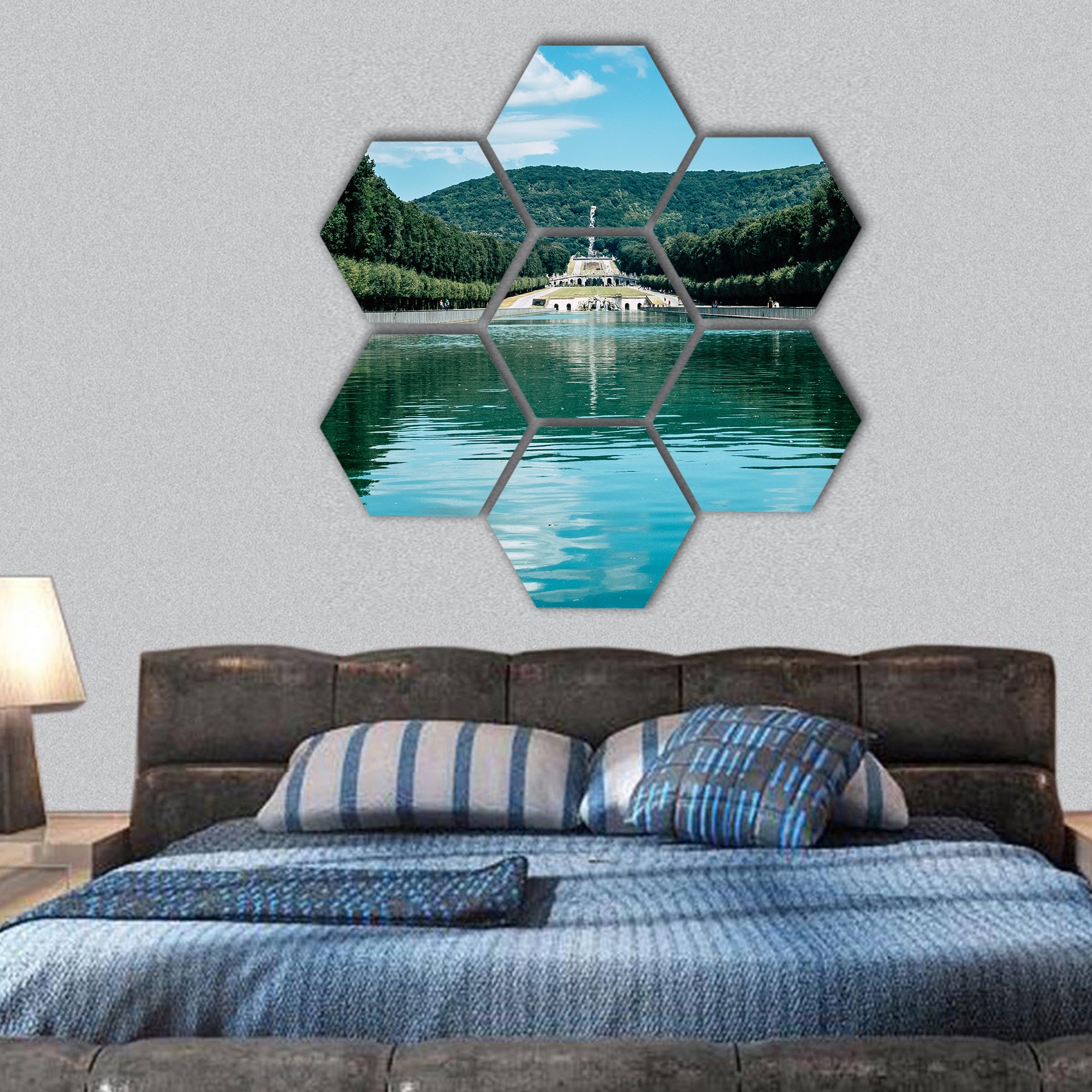 the fountains and promenade of Royal Palace of Caserta hexagonal canvas wall art