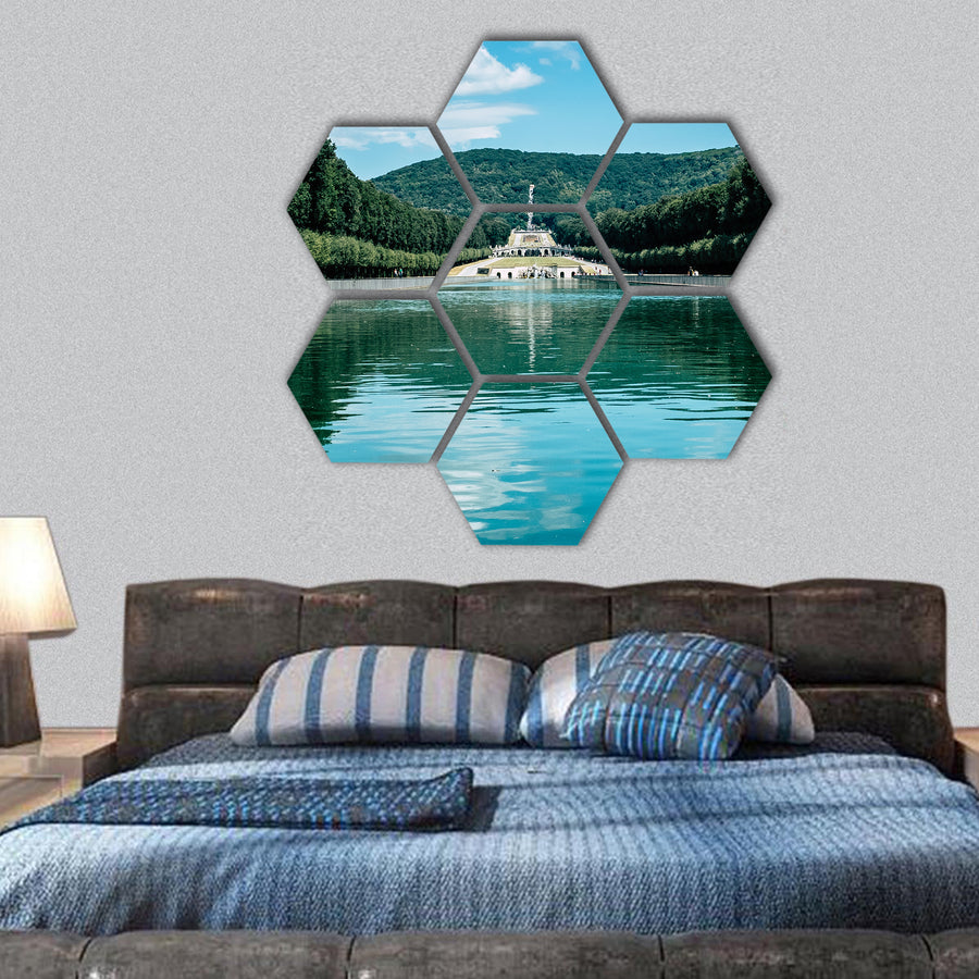 the fountains and promenade of Royal Palace of Caserta hexagonal canvas wall art