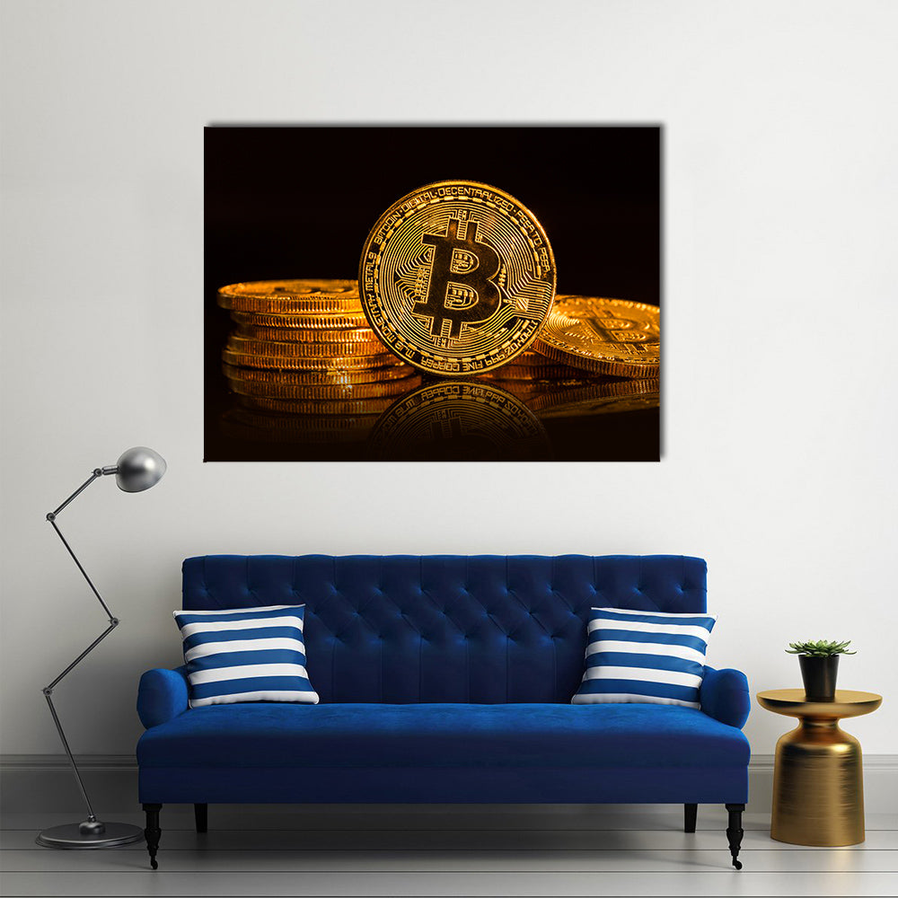 Bitcoin gold coin on black background multi panel canvas wall art