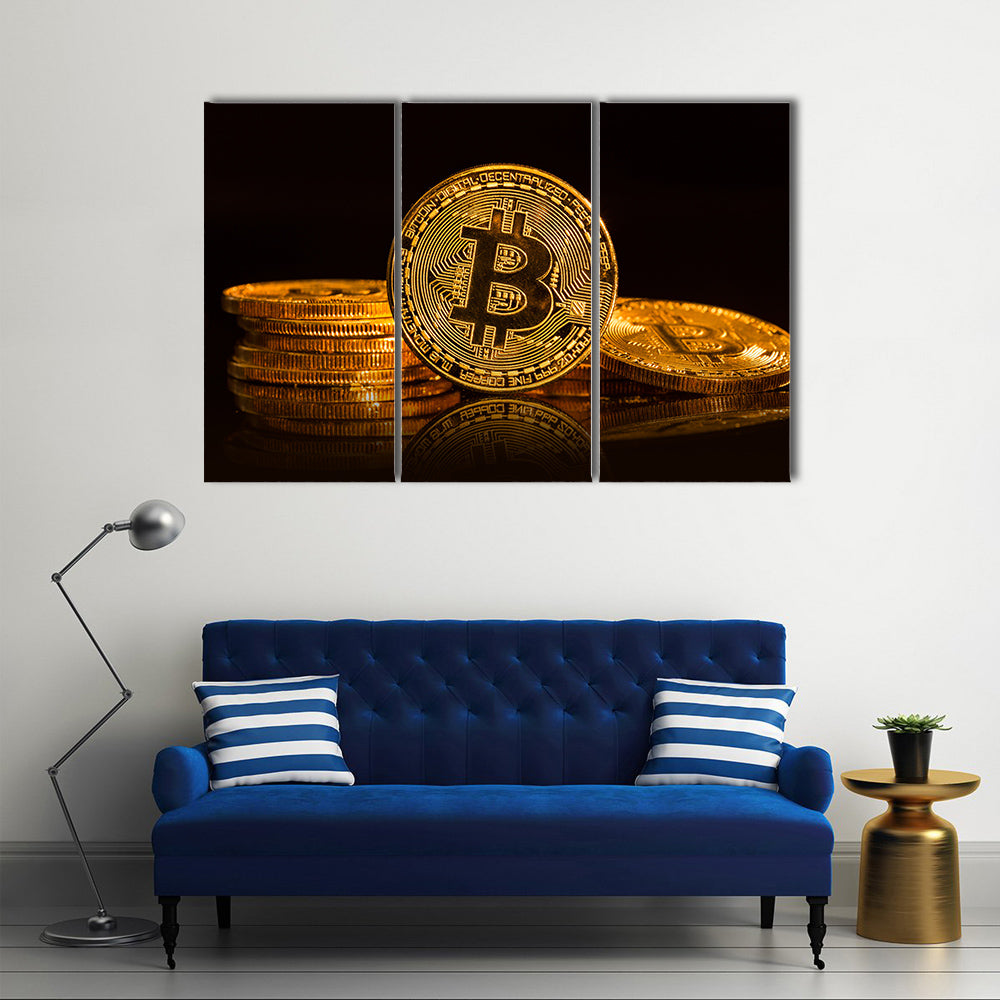 Bitcoin gold coin on black background multi panel canvas wall art