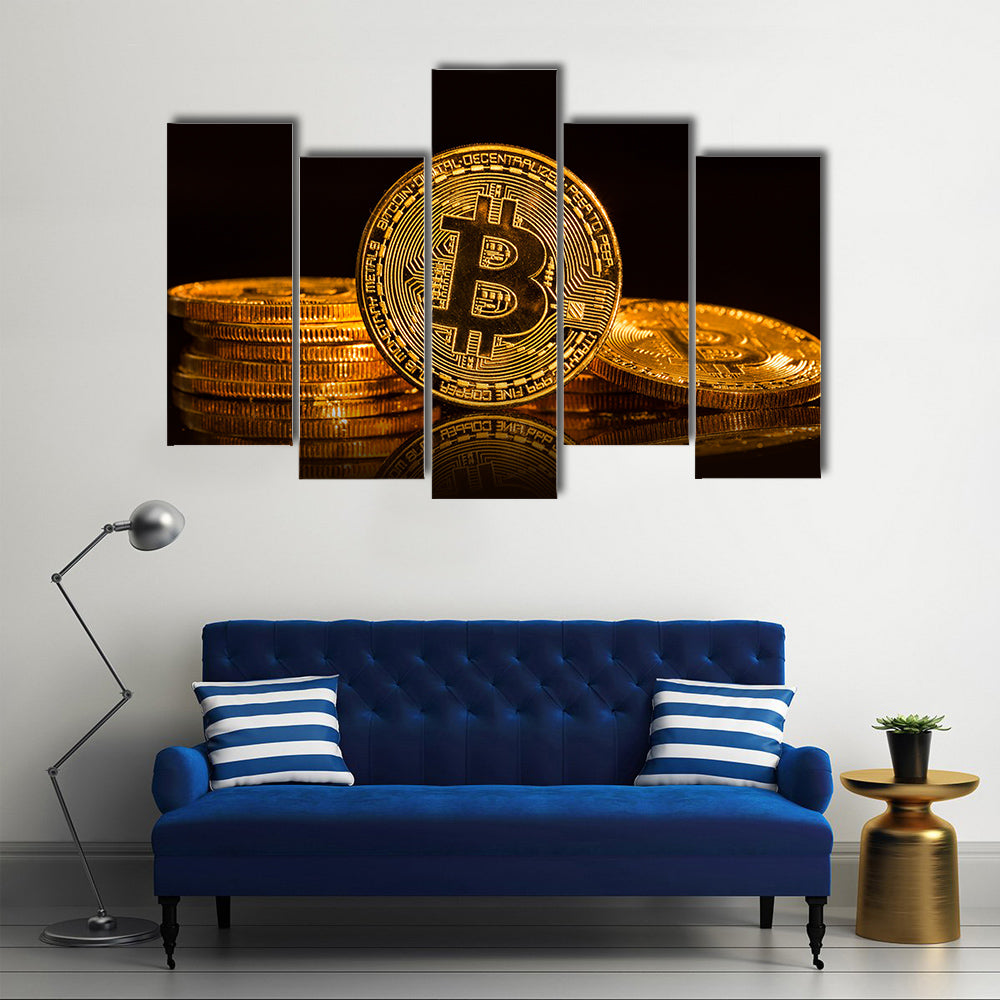 Bitcoin gold coin on black background multi panel canvas wall art