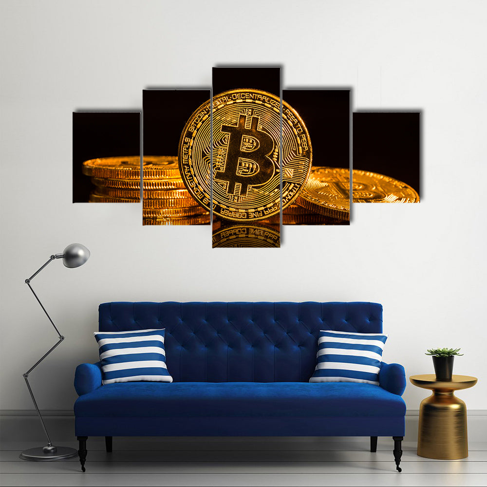 Bitcoin gold coin on black background multi panel canvas wall art