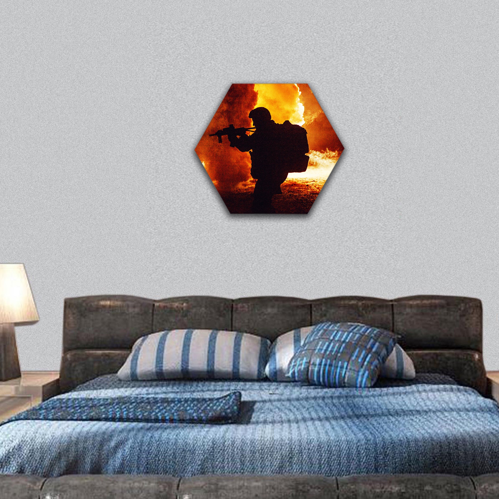 Black silhouette of soldier in the smoke hexagonal canvas wall art