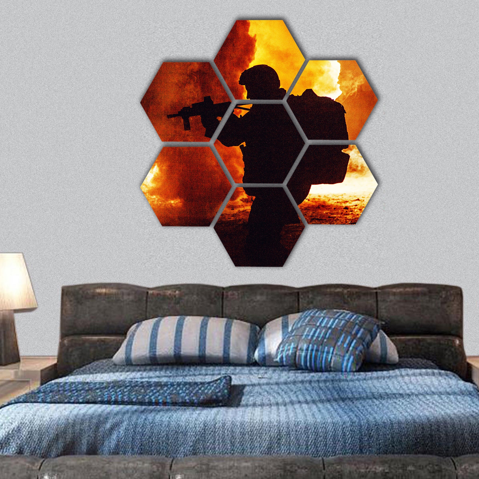 Black silhouette of soldier in the smoke hexagonal canvas wall art