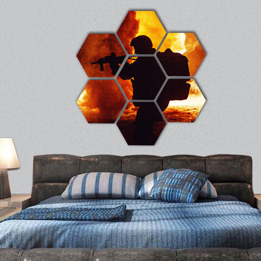 Black silhouette of soldier in the smoke hexagonal canvas wall art
