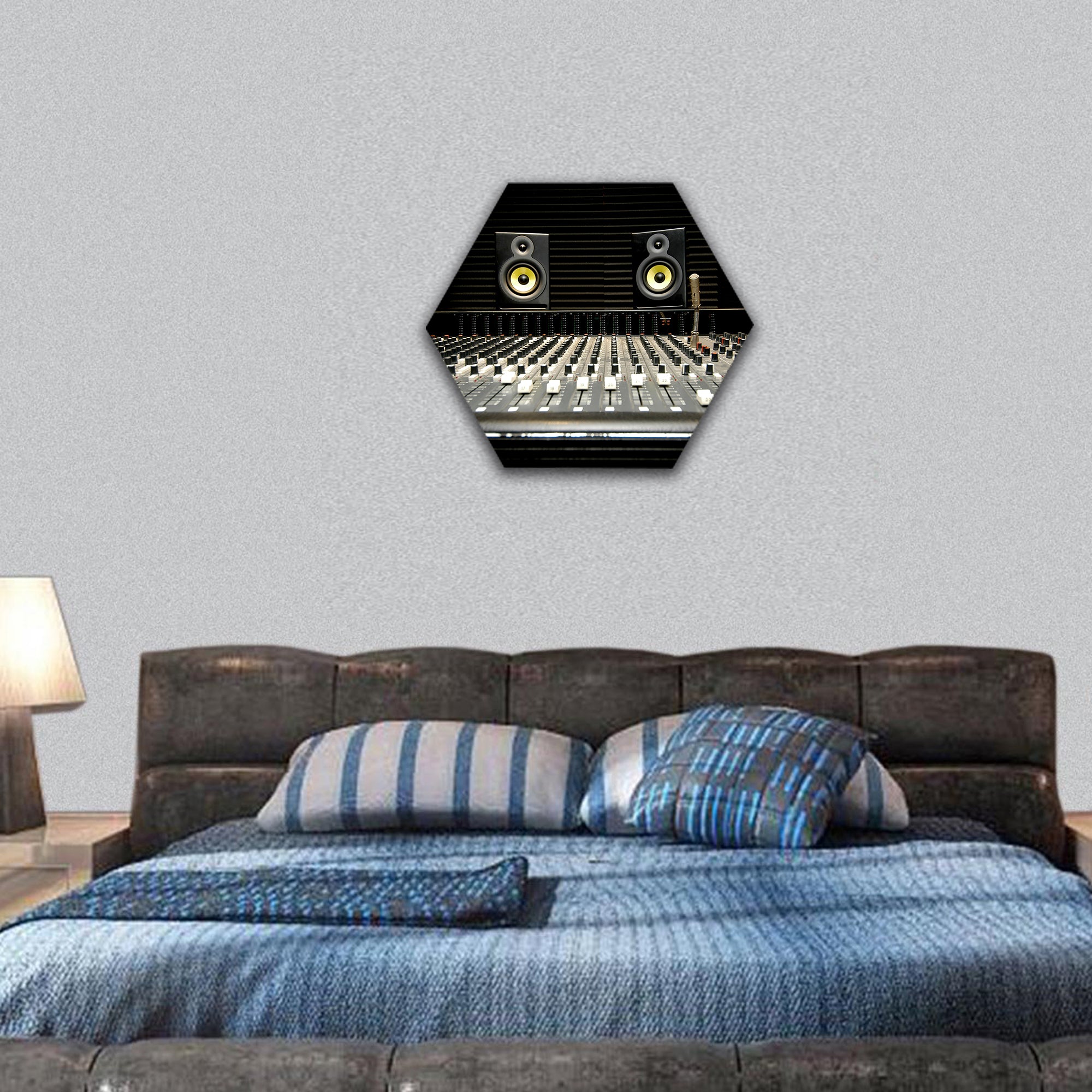 shot of a mixing desk with yellow and black speakers hexagonal canvas wall art