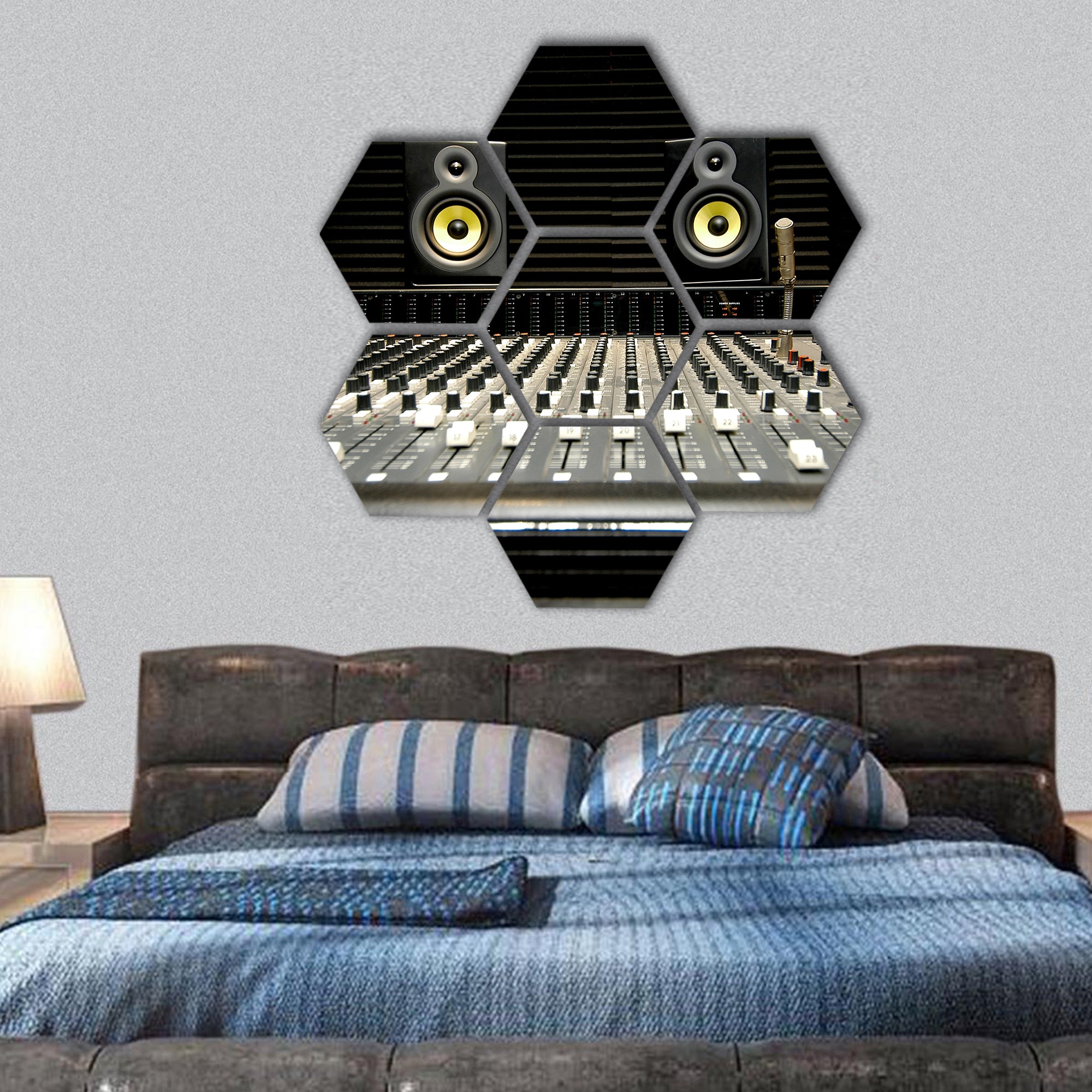 shot of a mixing desk with yellow and black speakers hexagonal canvas wall art