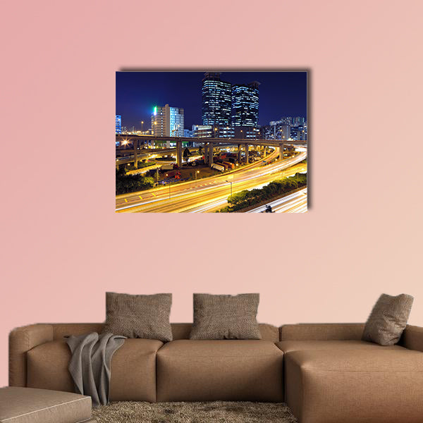 Traffic in modern city at night multi panel canvas wall art
