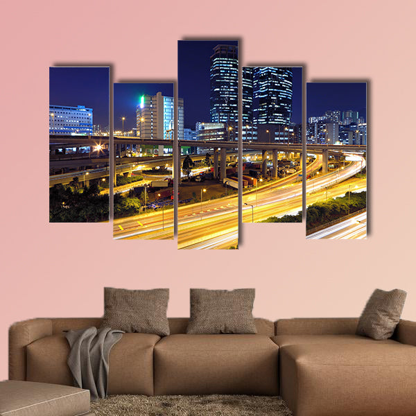 Traffic in modern city at night multi panel canvas wall art