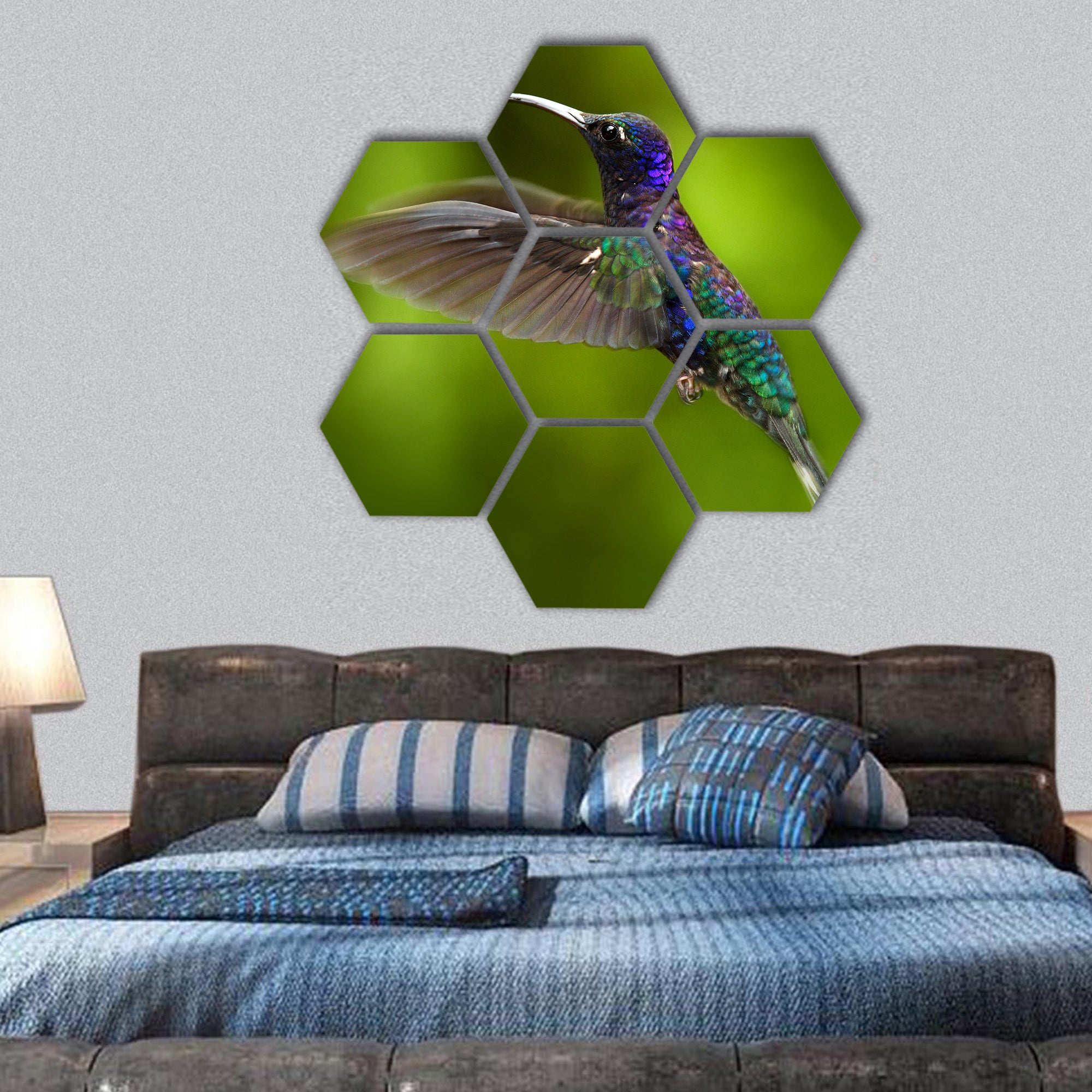 Blue hummingbird in fly hexagonal canvas wall art
