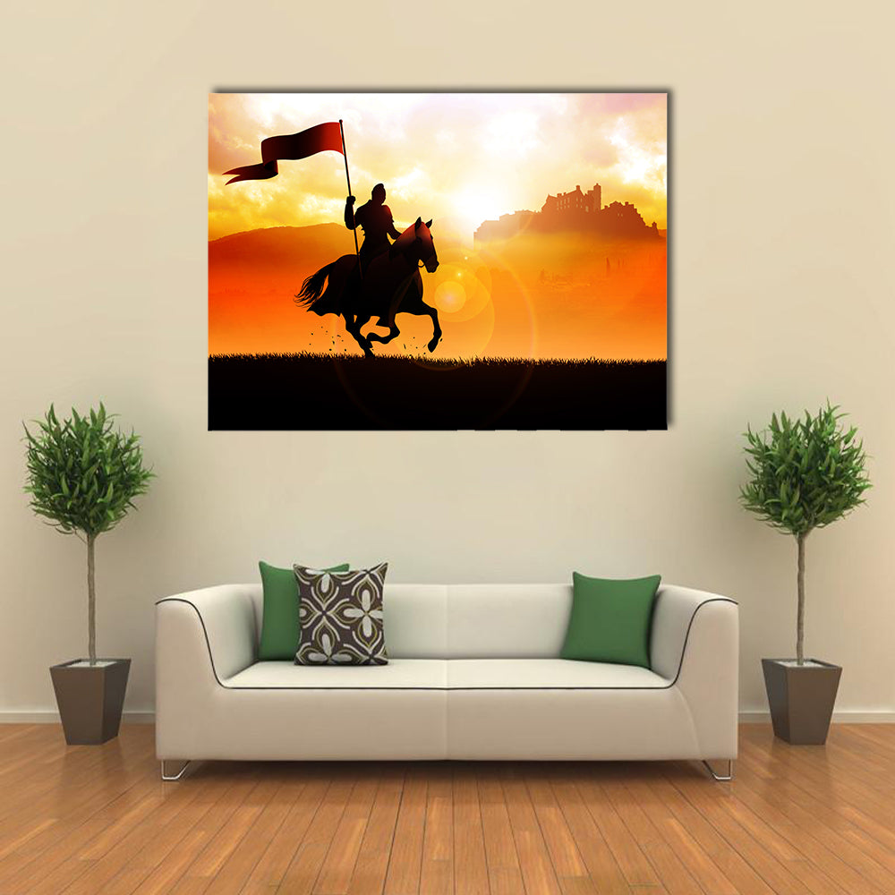Silhouette of a medieval knight on horse carrying a flag on dramatic scene multi panel canvas wall art