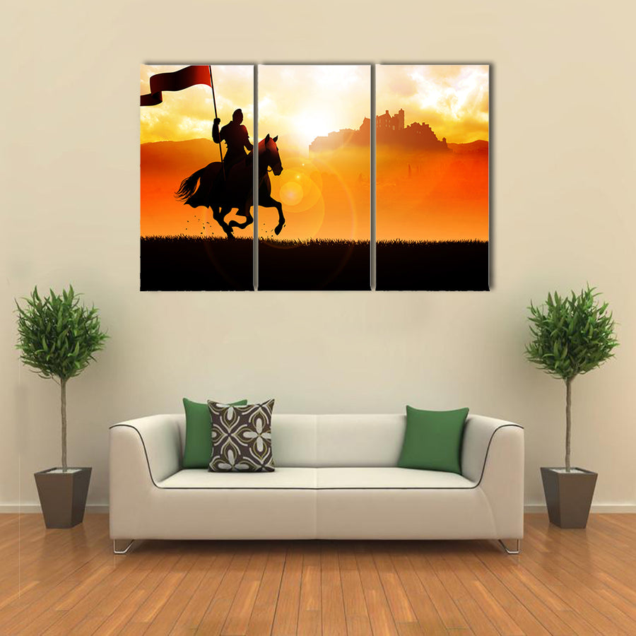 Silhouette of a medieval knight on horse carrying a flag on dramatic scene multi panel canvas wall art