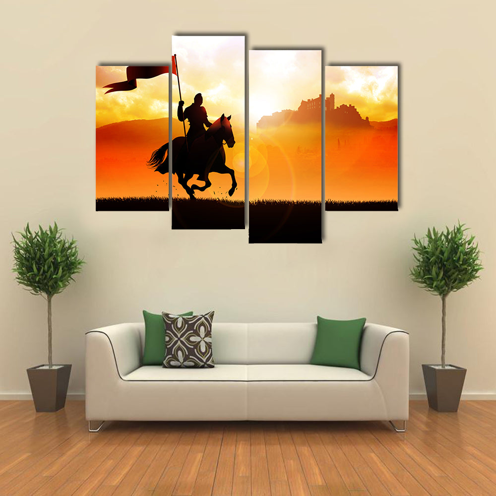 Silhouette of a medieval knight on horse carrying a flag on dramatic scene multi panel canvas wall art