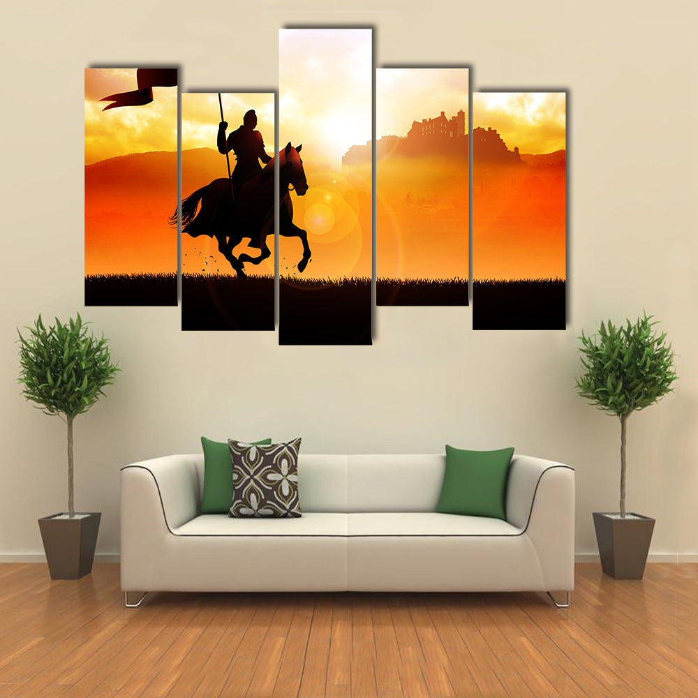 Silhouette of a medieval knight on horse carrying a flag on dramatic scene multi panel canvas wall art